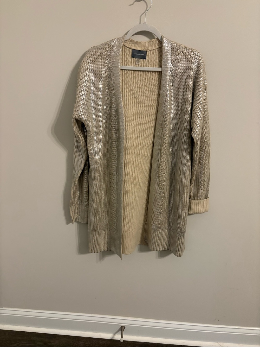 Metallic Open-Front Cardigan in Beige/Cream